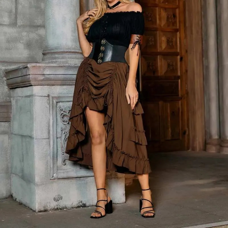 Steampunk Costume Female Women's Layered Steampunk Skirt In Honey Brown,  Size: X-Large Cotton