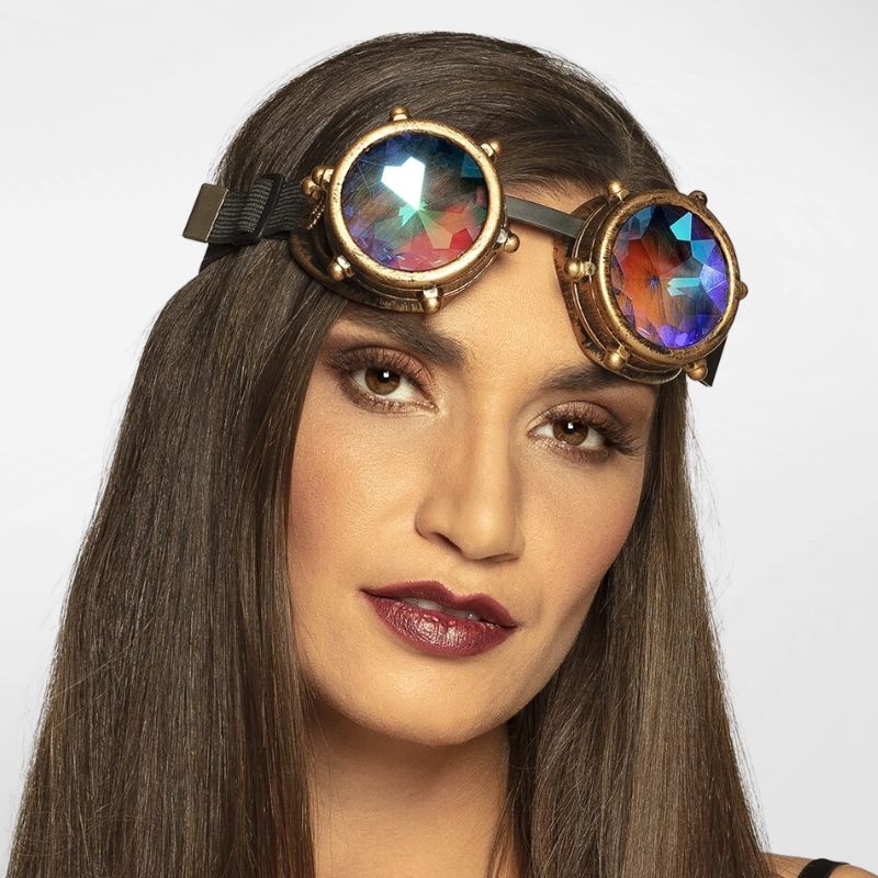 woman wearing kaleidoscope goggles