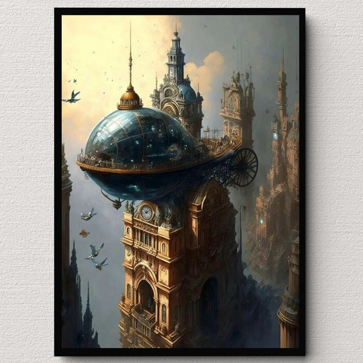 Steampunk fantasy city wall art