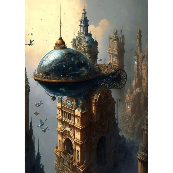 Steampunk fantasy city wall art