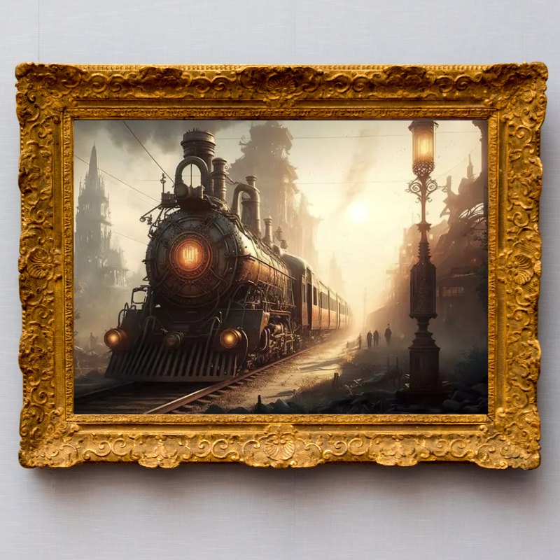 steampunk train wall art in a golden frame