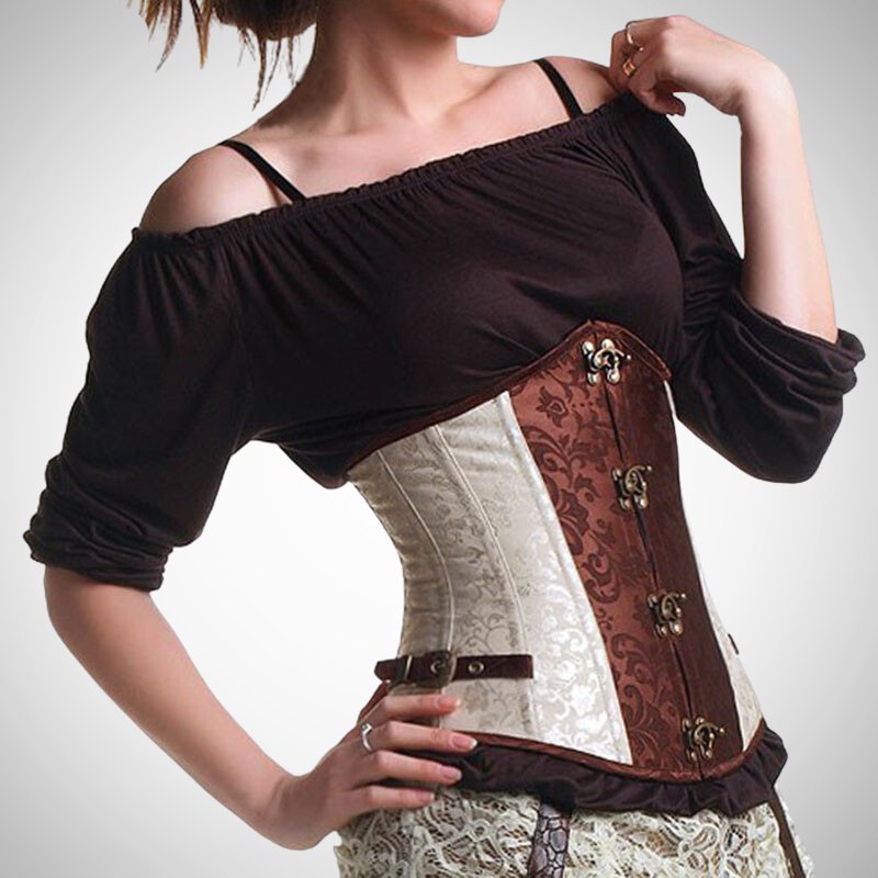 stylish steampunk underbust corset in brown and cream color