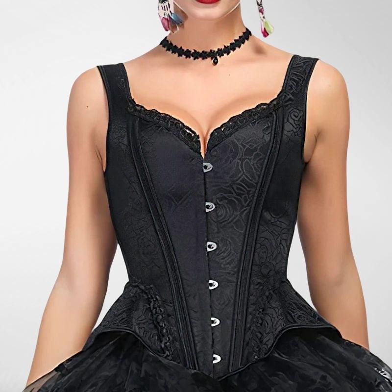 woman wearing a black victorian steampunk corset