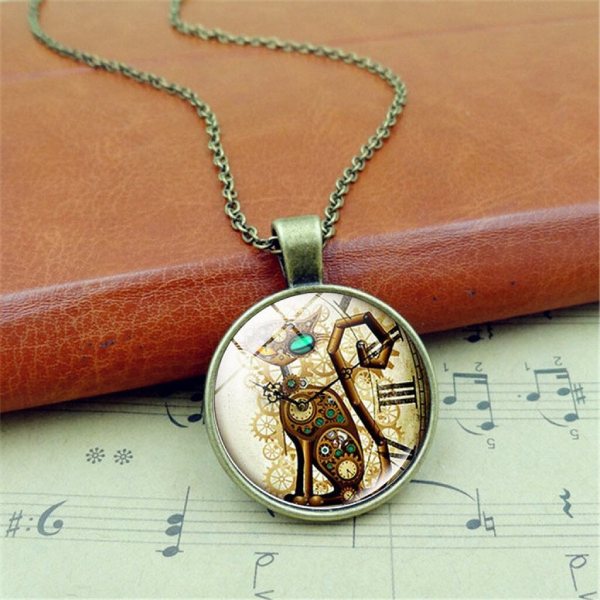 steampunk necklace with cat design