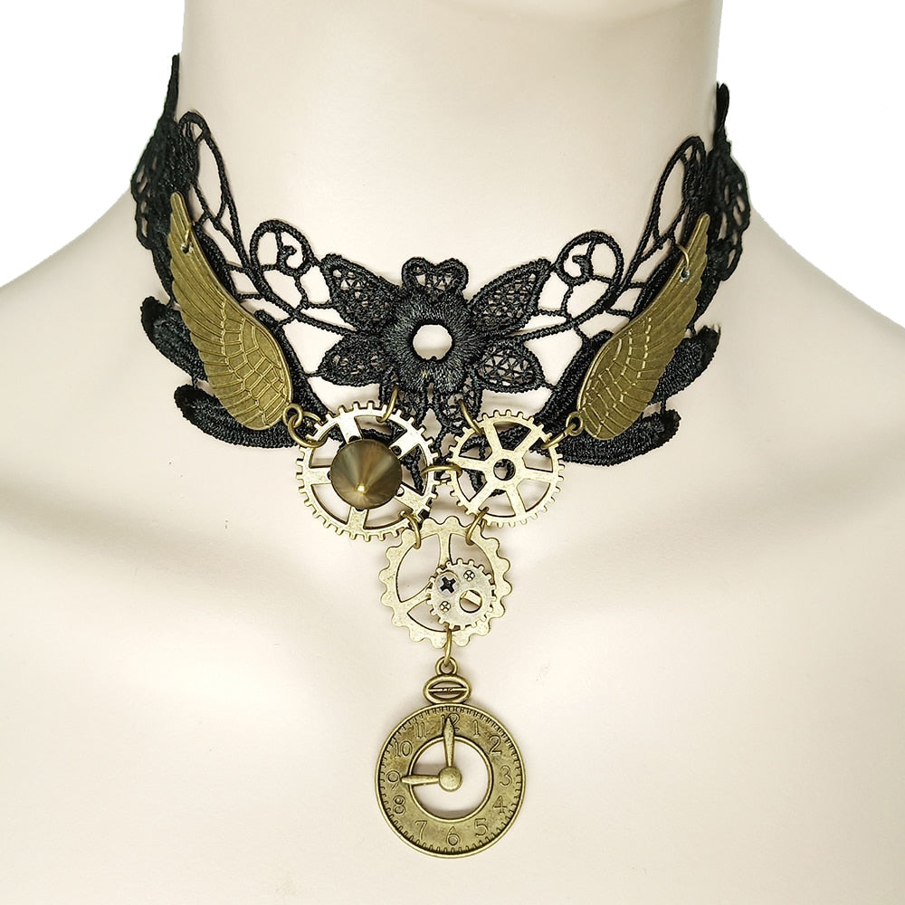 steampunk jewelry set with clock pendant