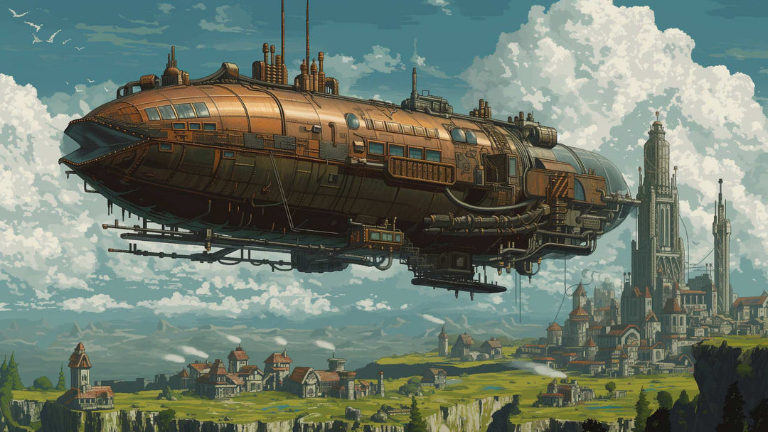 large steampunk airship floating above a medieval city