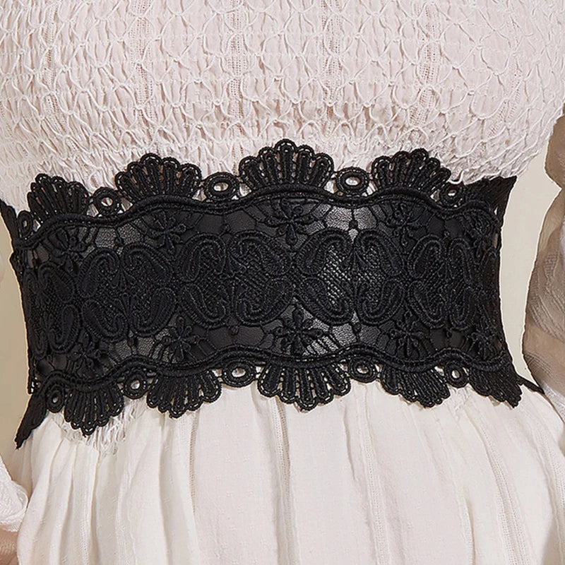 black lace belt for dress BODIY Women Lace Corset Belts Elastic Cinch Belt Tied Waspie Wide Waist Bustiers for Dress (Black) at Amazon Women's Clothing store
