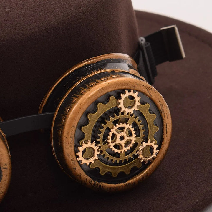 Brown Steampunk fedora hat with goggles