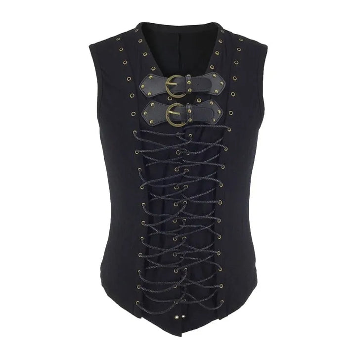 Steampunk black leather belt buckle vest