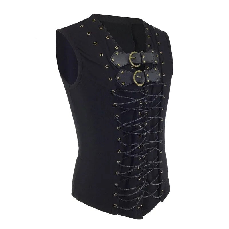 Steampunk black leather belt buckle vest