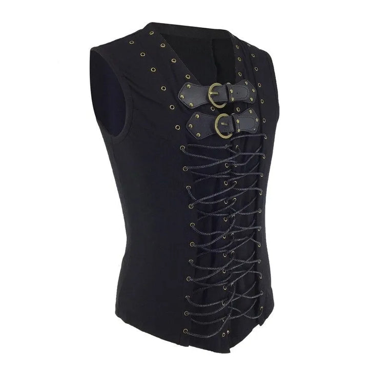 Steampunk black leather belt buckle vest