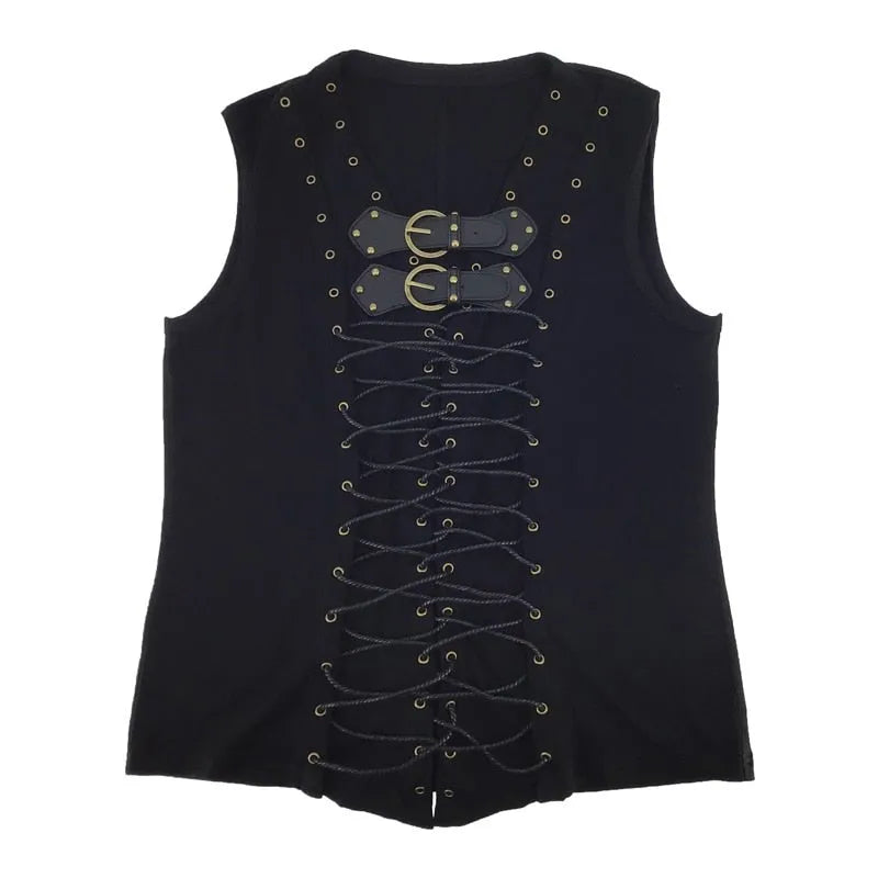 Steampunk black leather belt buckle vest