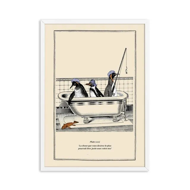 Vintage Steampunk funny toilet wall art: penguns