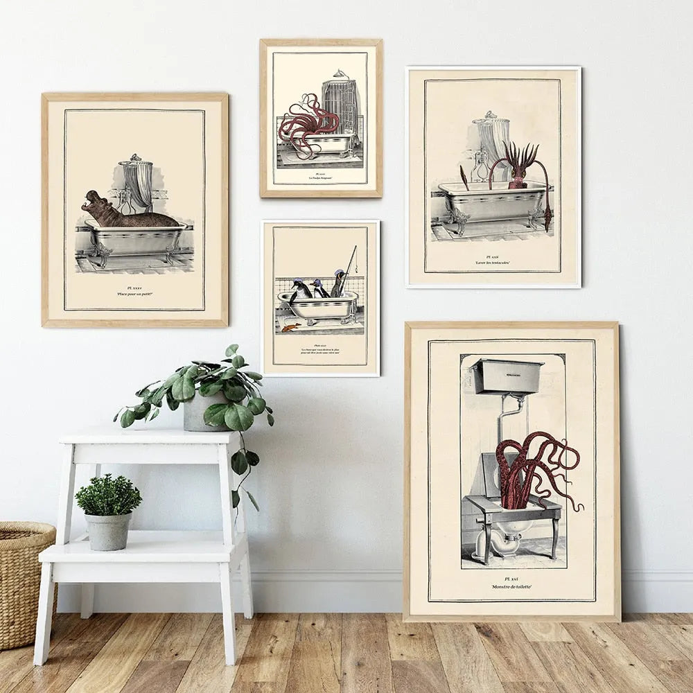 Vintage Steampunk funny toilet wall art: octopus