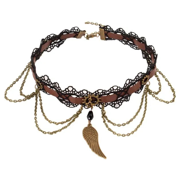 Steampunk necklace with wing pendant