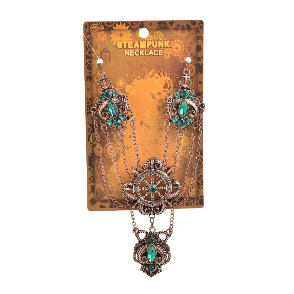 Steampunk necklace with green crystals