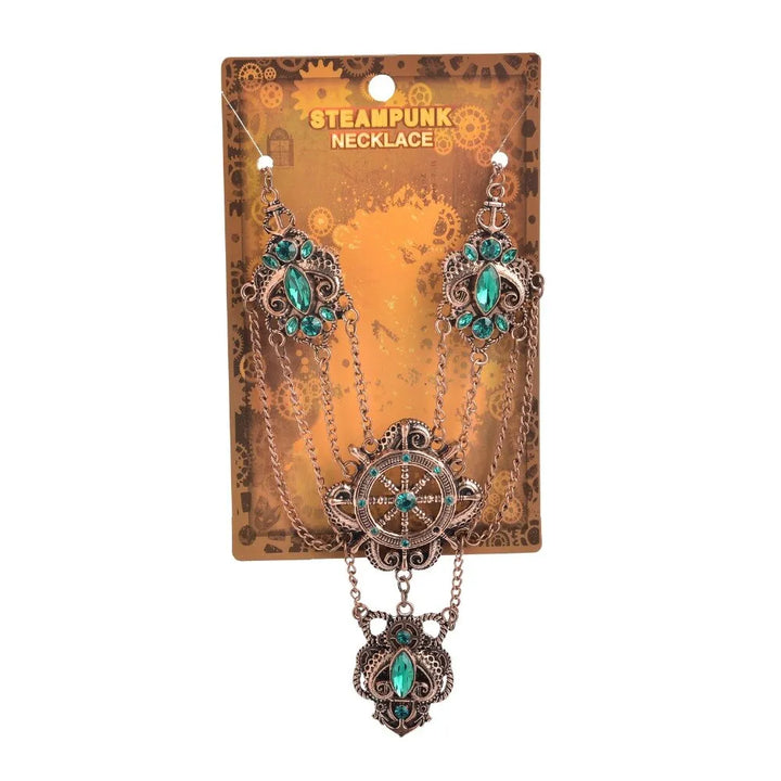 Steampunk necklace with green crystals
