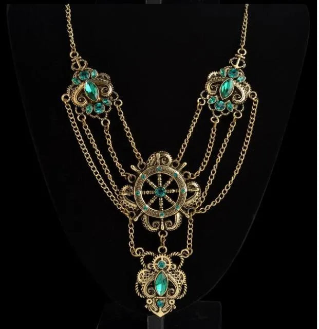 Steampunk necklace with green crystals
