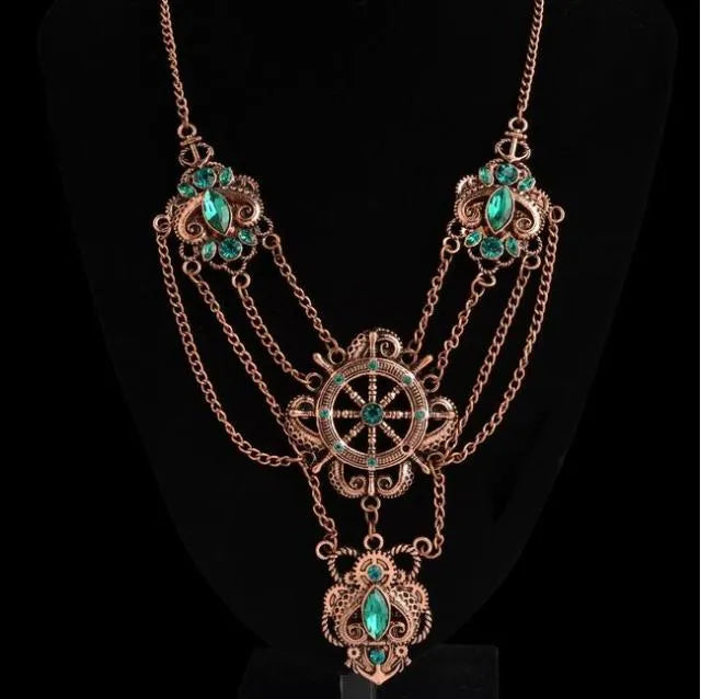 Steampunk necklace with green crystals