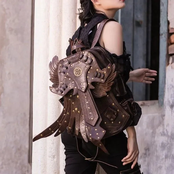 woman carries a steampunk bag