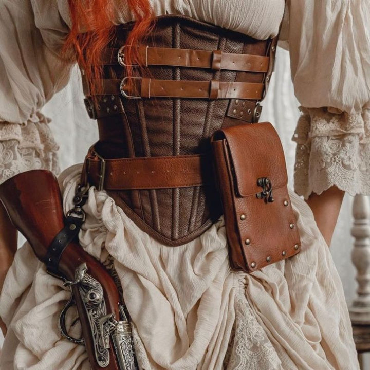 woman wearing a small steampunk bag