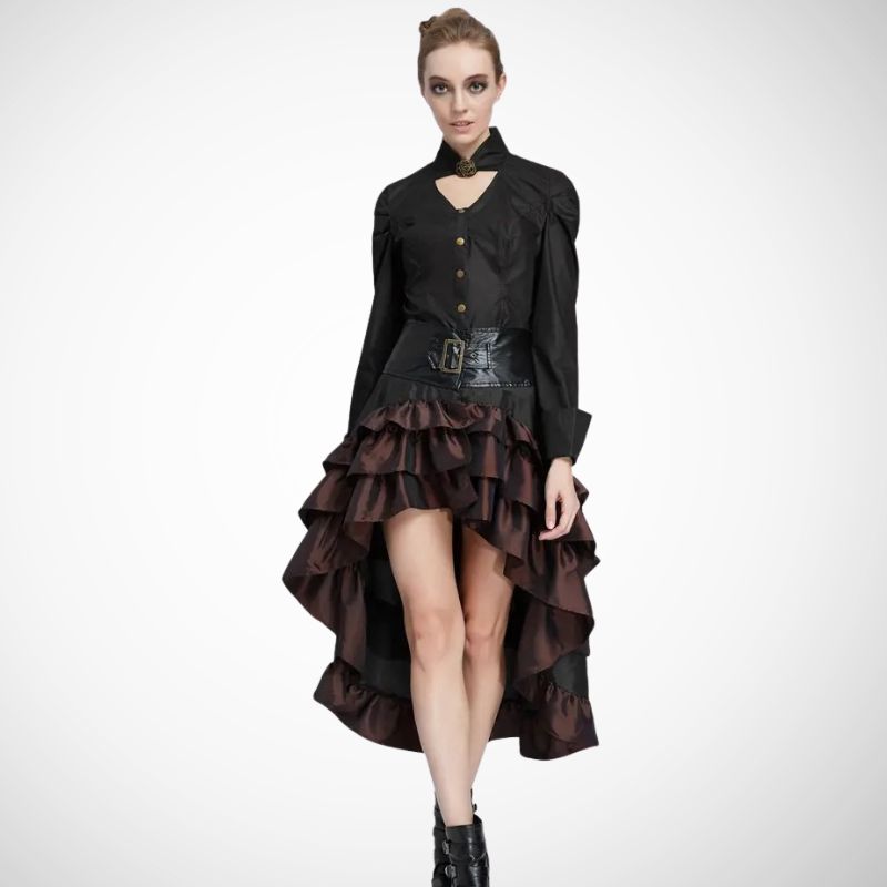 woman wearing a steampunk bustle skirit with ruffles