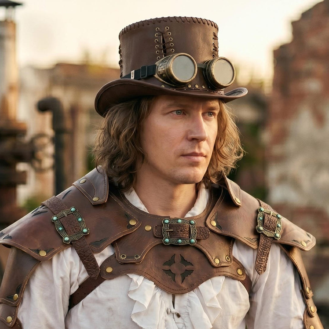 man wearing a brown steampounk hat with goggles