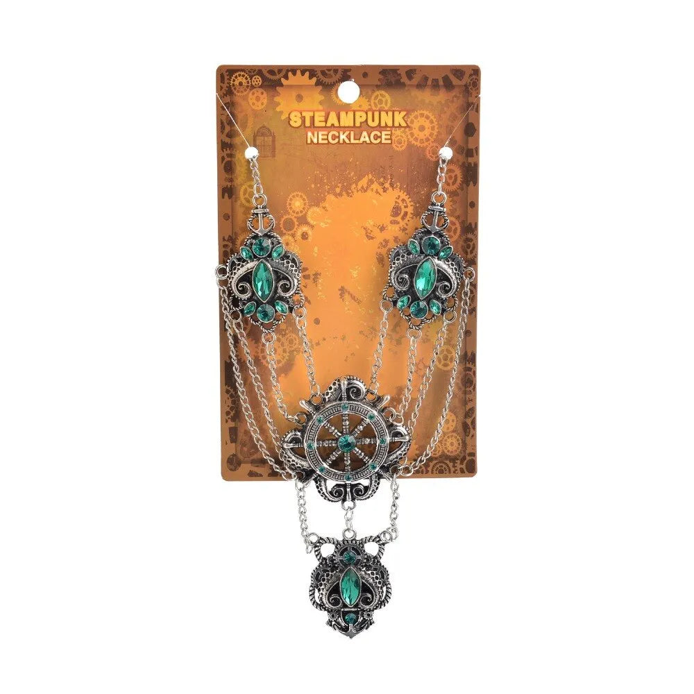 steampunk necklace with green crystals