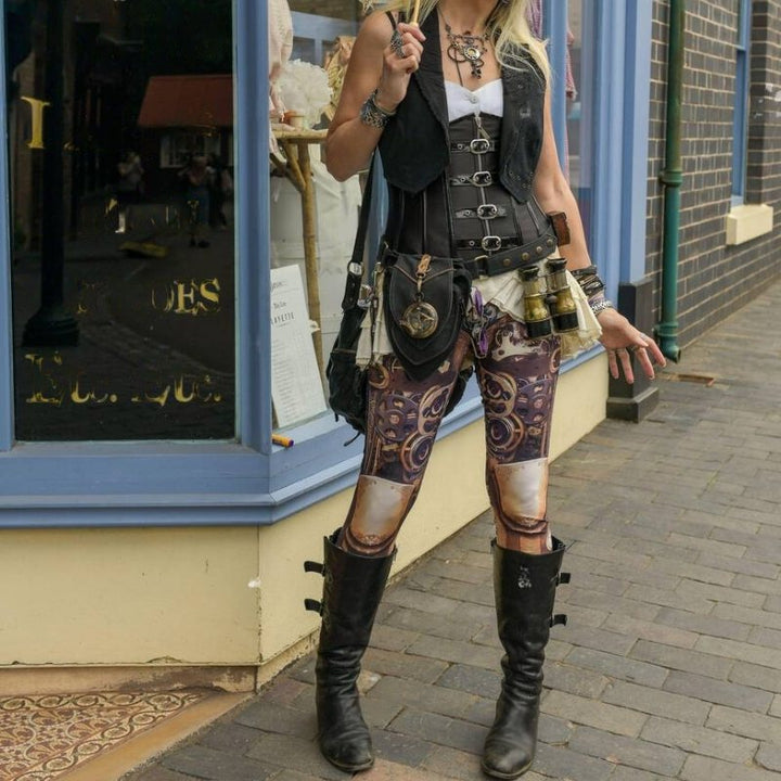 woman wearing steampunk leggings in the street