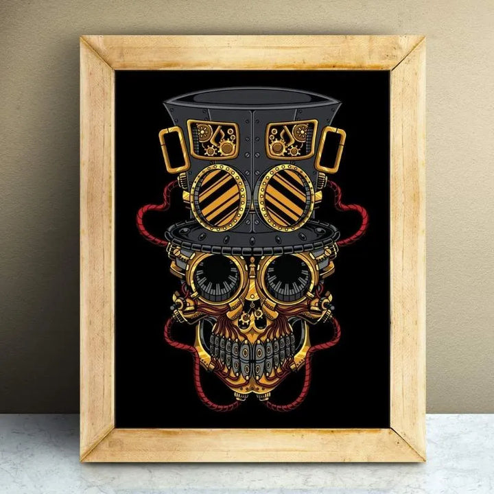 steampunk skull poster in a wooden frame