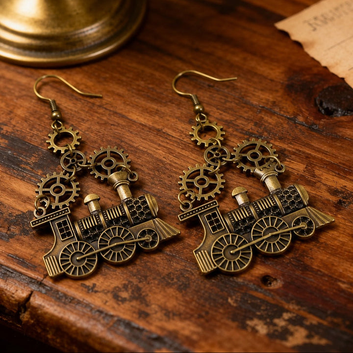Steampunk train earrings