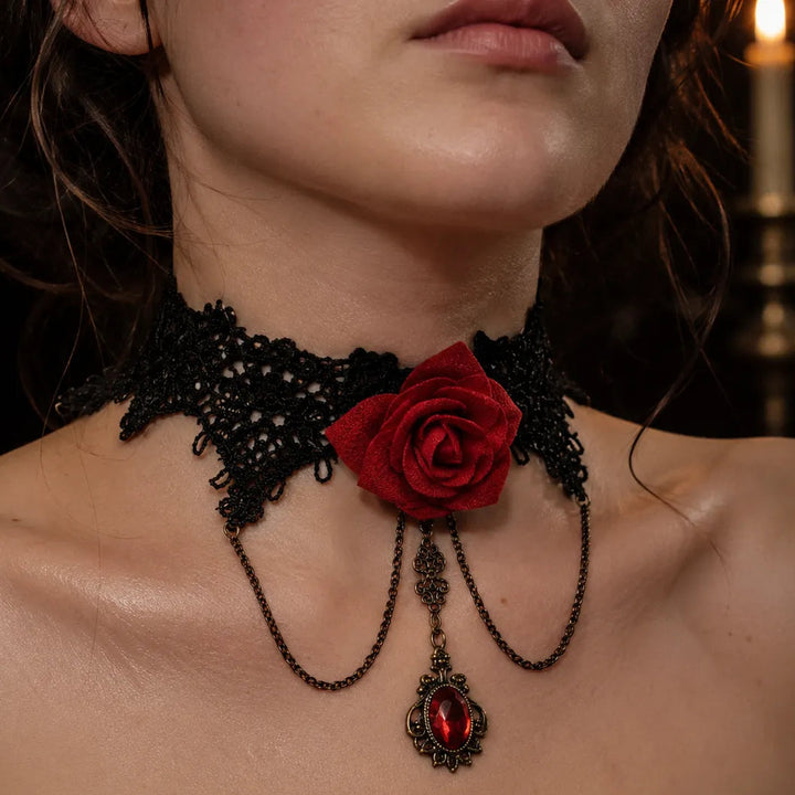 Steampunk choker with red rose