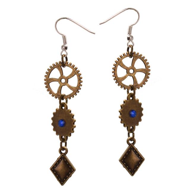 long steampunk earrings with blue stone