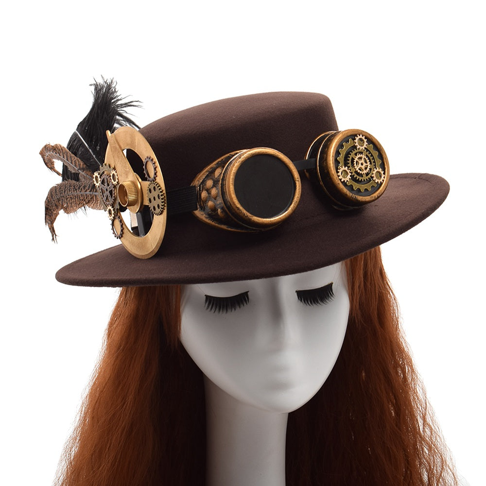 Brown Steampunk fedora hat with goggles