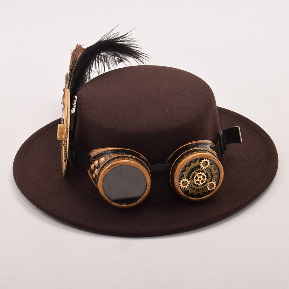 Brown Steampunk fedora hat with goggles