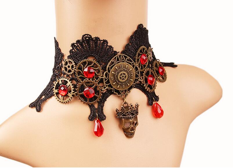 Steampunk choker with red crystals