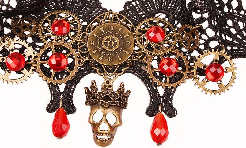 Steampunk choker with red crystals