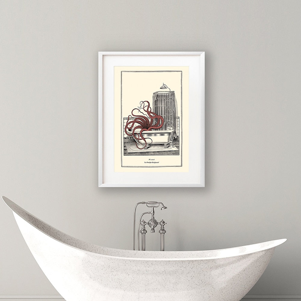 Vintage Steampunk funny toilet wall art: octopus