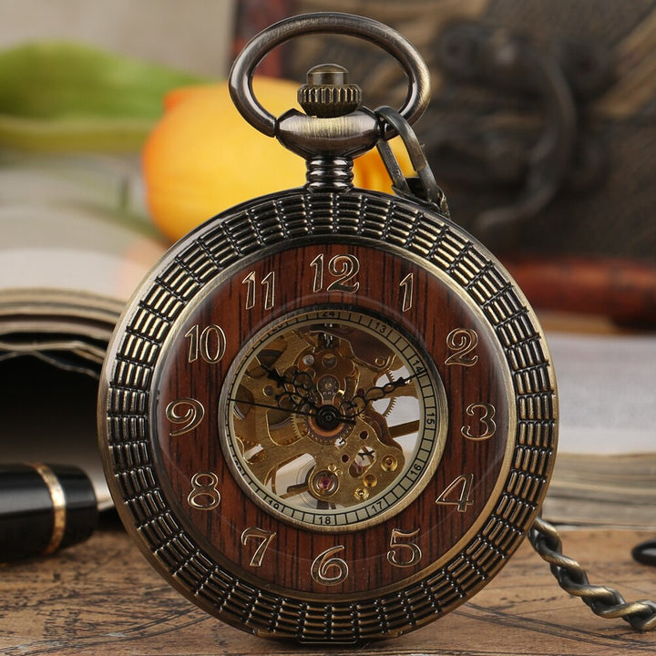 Red wooden Steampunk pocket watch