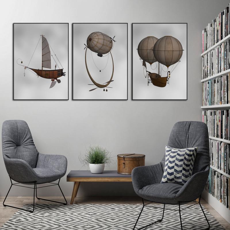 Steampunk two ballons airship wall art