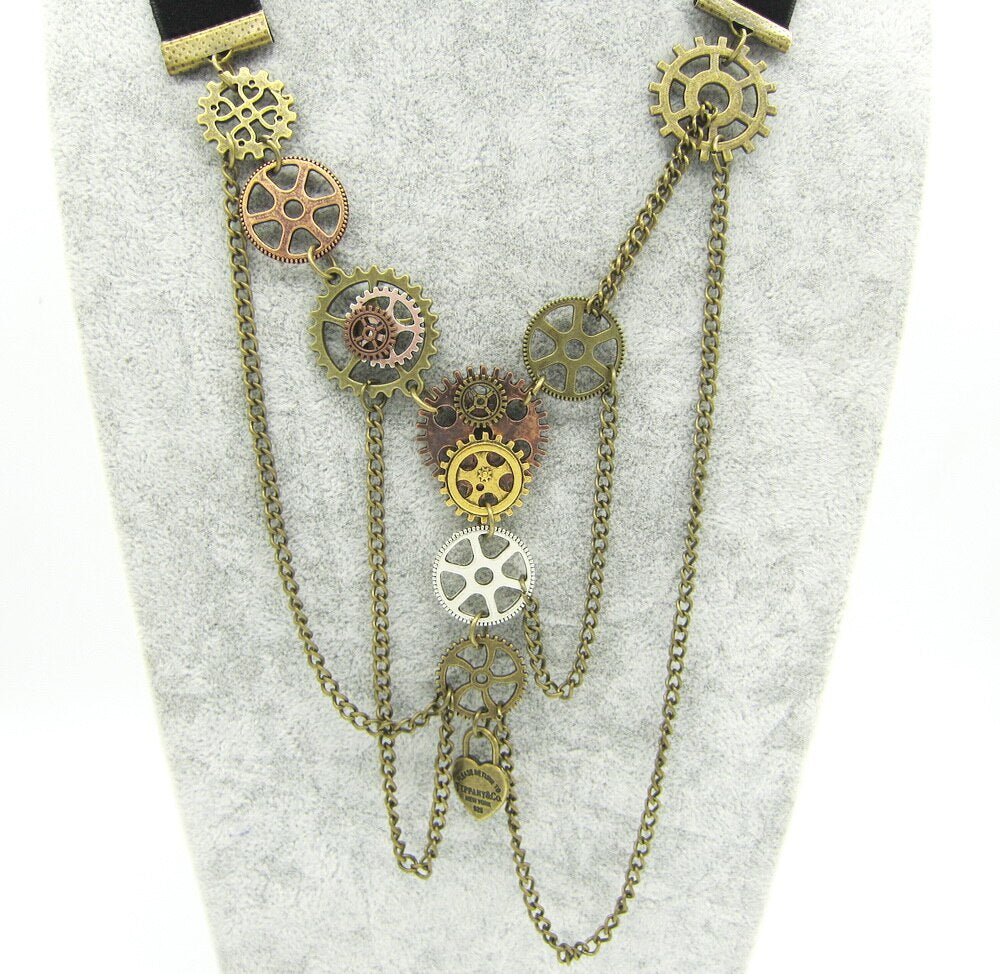 Steampunk mechanical gears with chains necklace