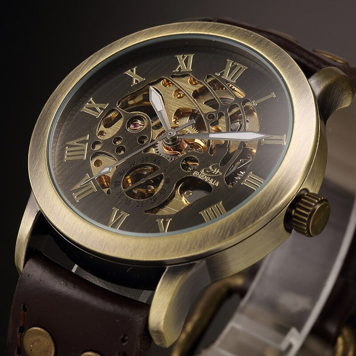 Steampunk watch with skeleton dial