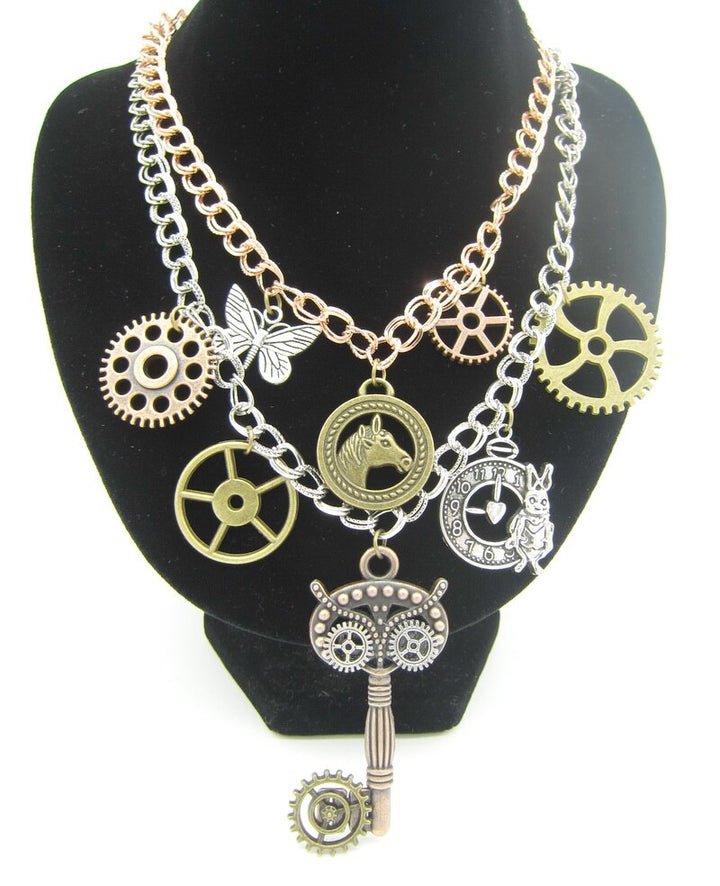 Steampunk two rows chain necklace