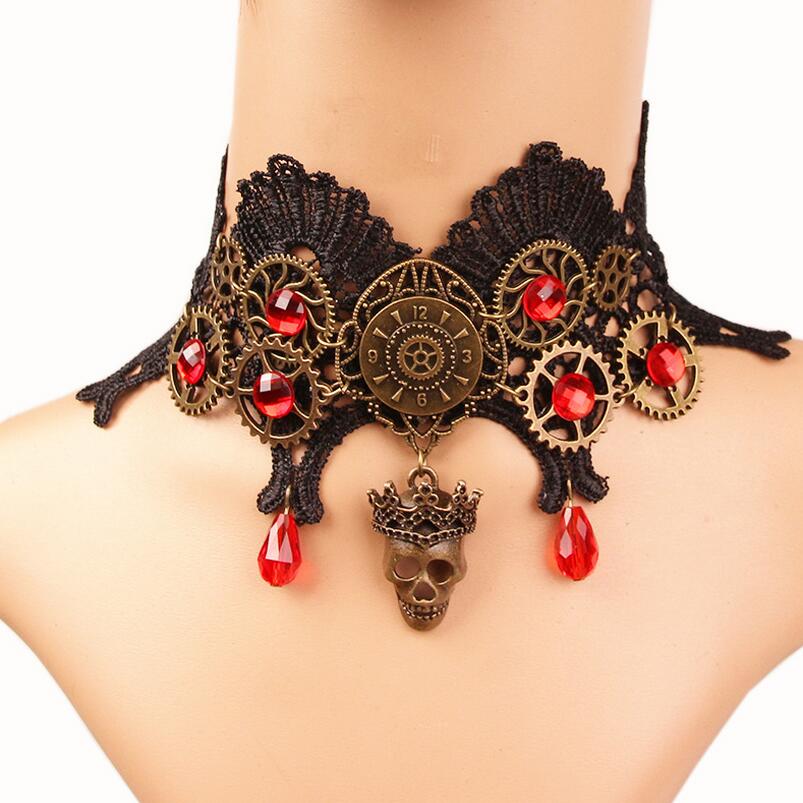 Steampunk choker with red crystals