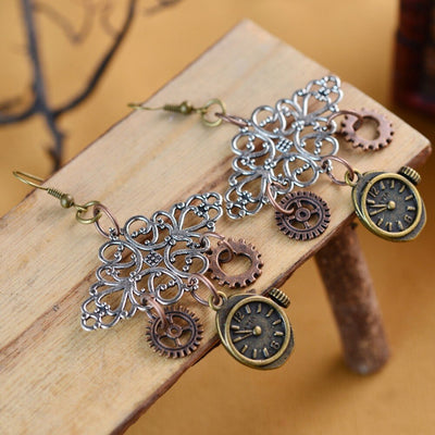 steampunk earrings with clock deco