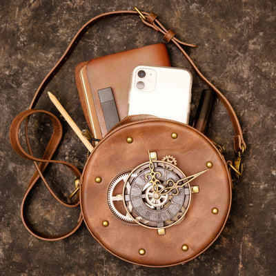 round steampunk bag with clock
