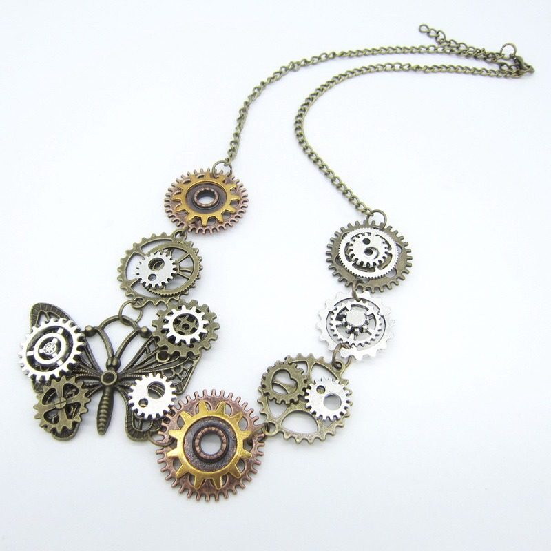 Steampunk necklace with butterfly gears