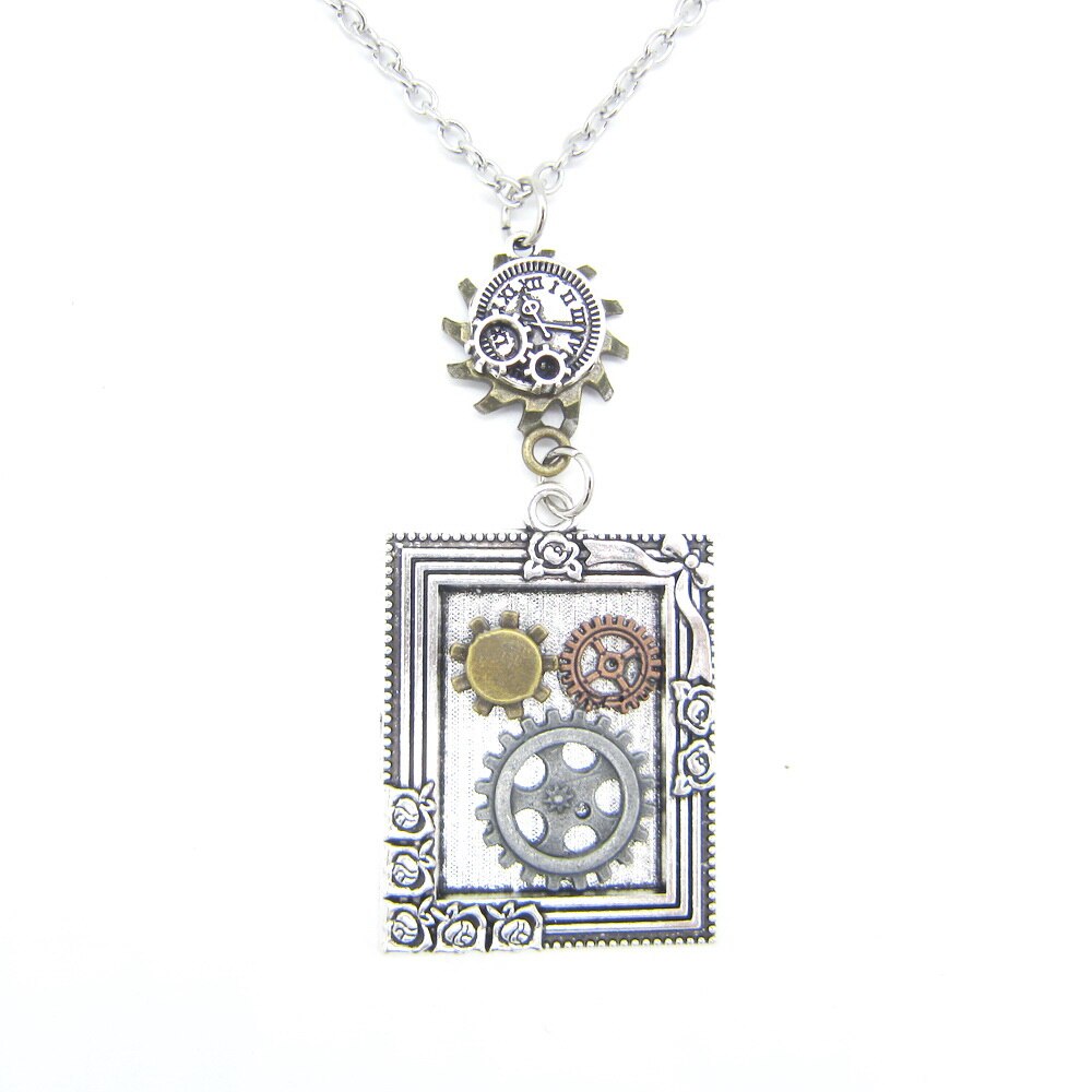 steampunk photo frame necklace in antique silver color