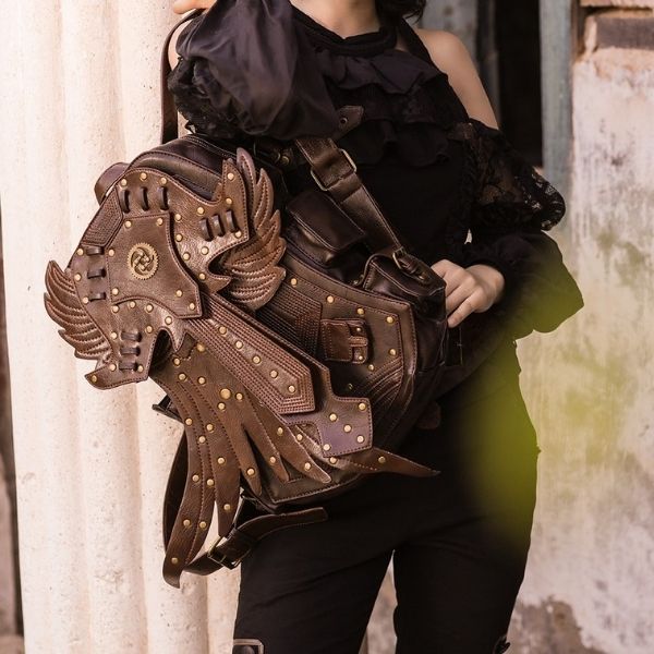 steampunk bag on woman's shoulder