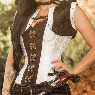 white and brown steampunk corset